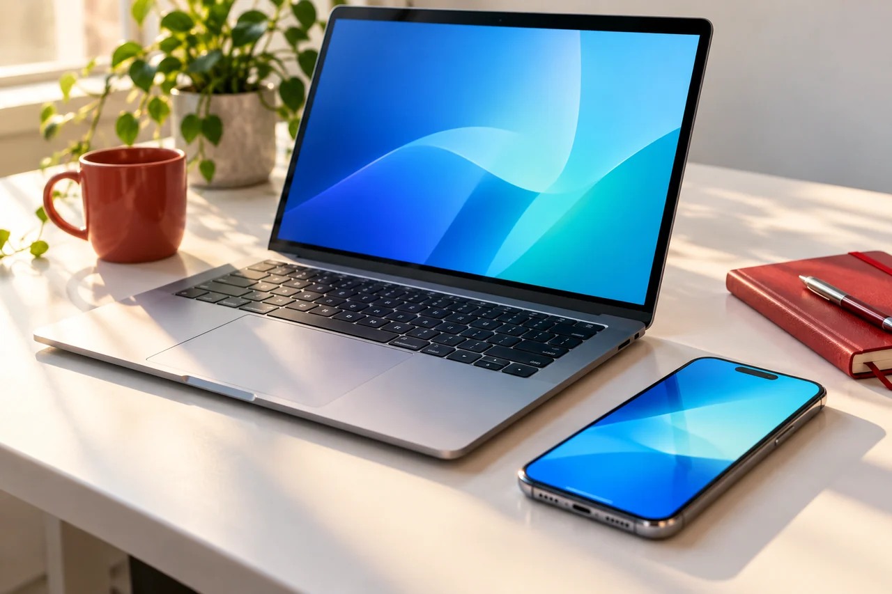 A laptop and phone with abstract blue screens on a bright desk