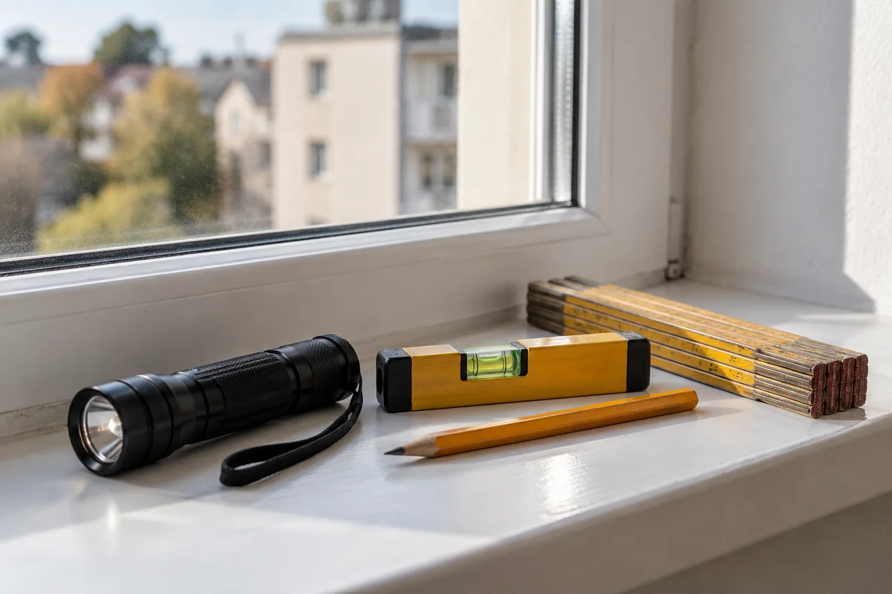 Home inspection tools resting on a sunlit windowsill.