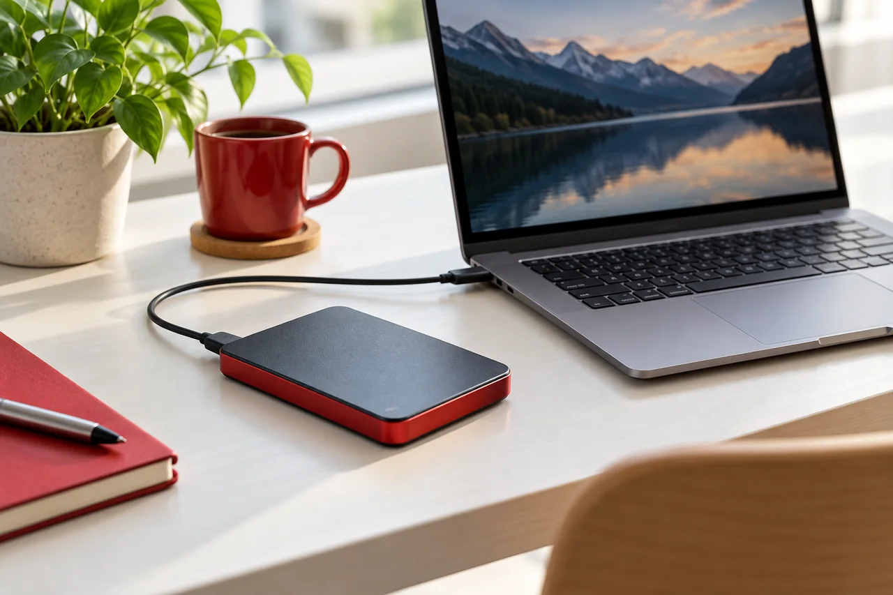 An external backup drive connected to a laptop.