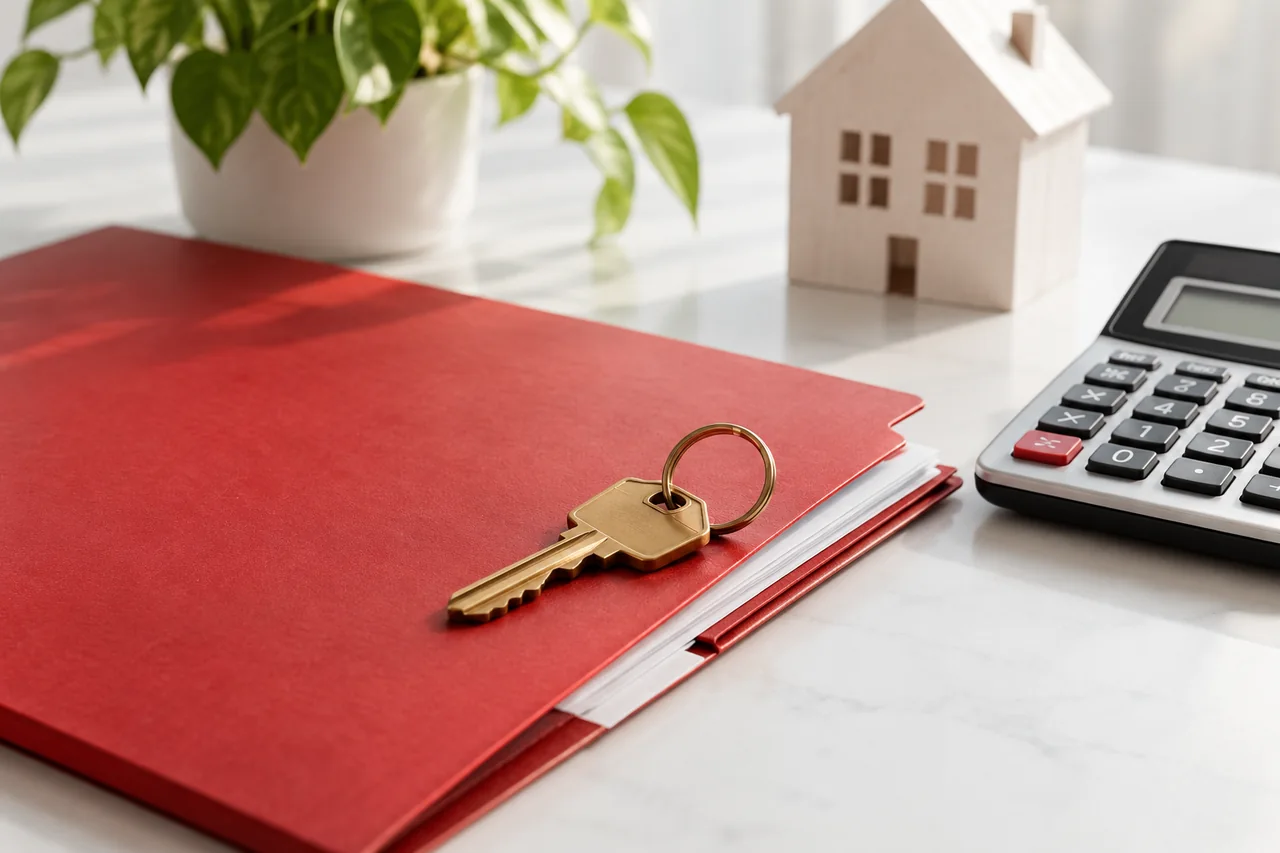 A home closing folder with a brass key and calculator.