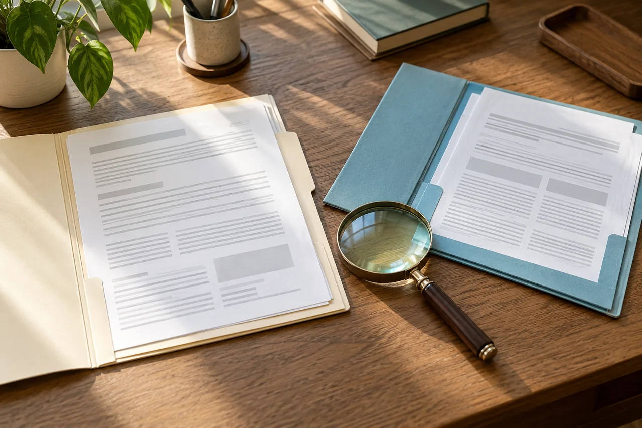 Two insurance policy folders with a magnifying glass between them.