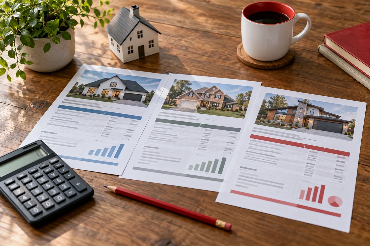 Three mortgage estimate sheets aligned beside a pencil and calculator.