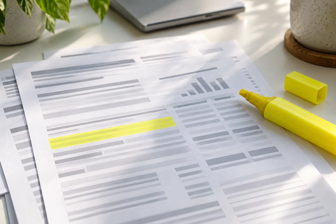 Credit report papers beside a yellow highlighter.