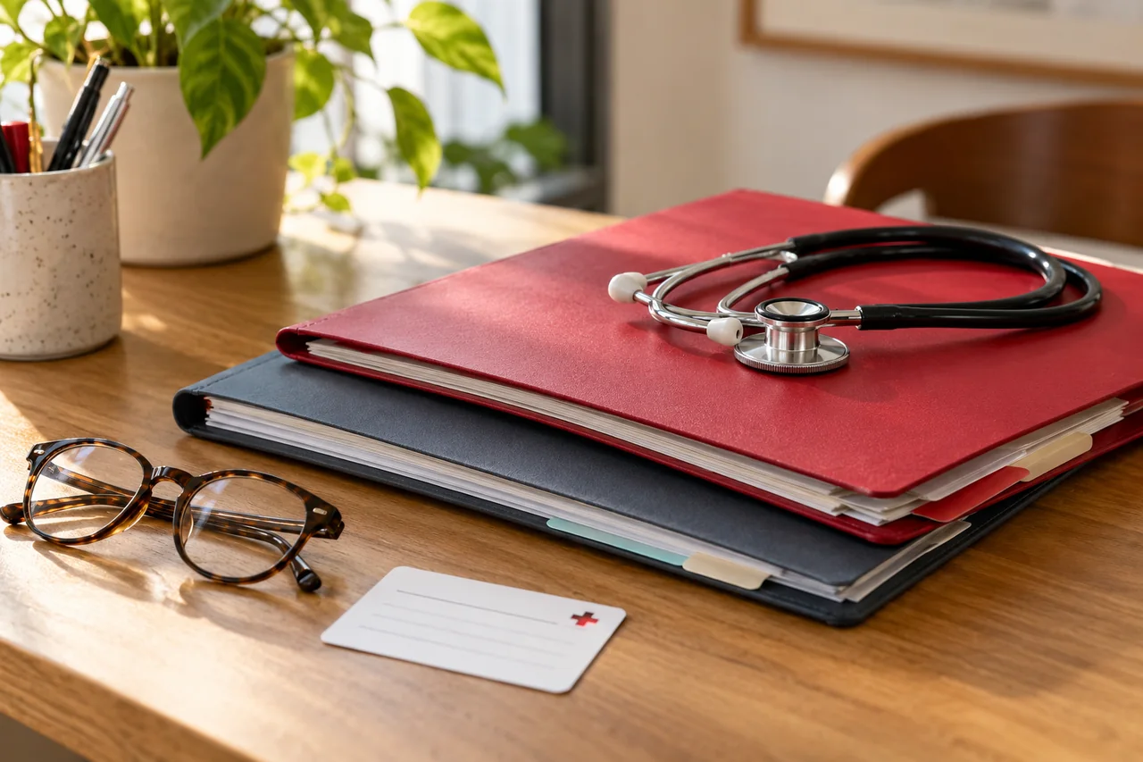 Two medical document folders beside reading glasses.