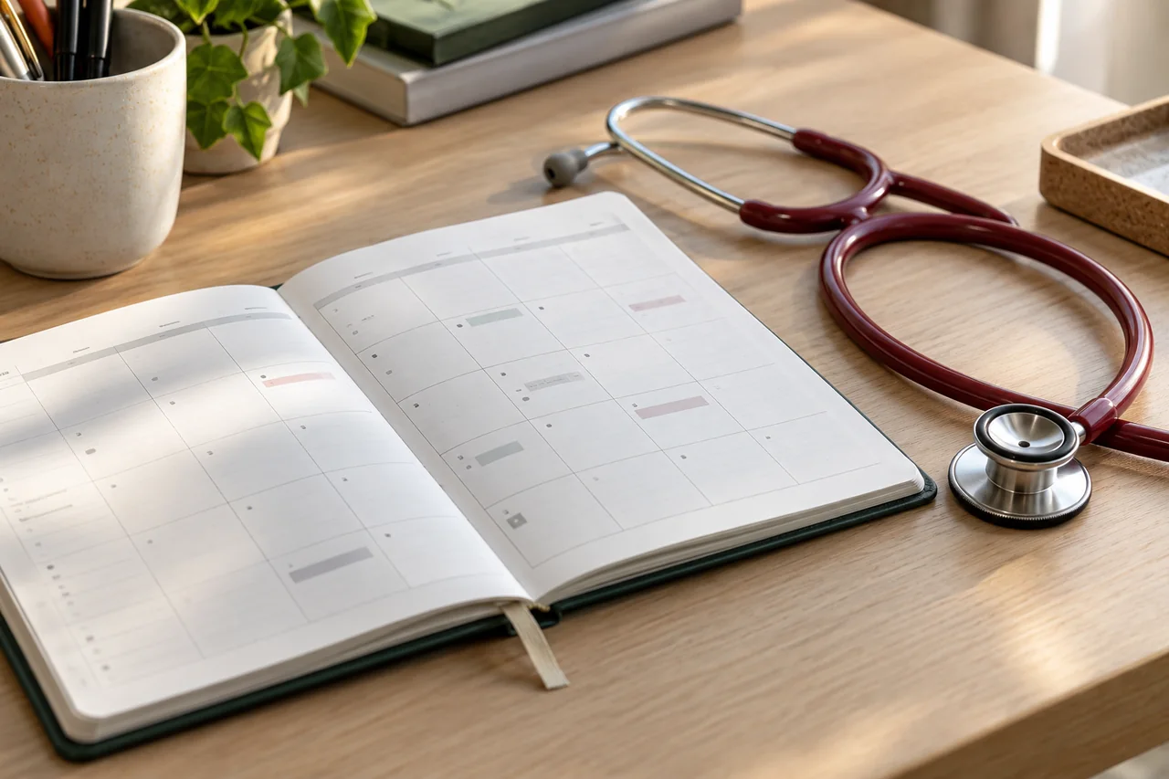 An appointment planner beside a stethoscope.