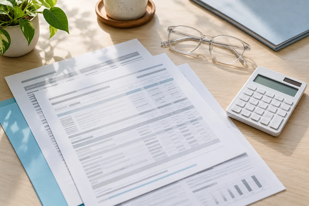 Health plan papers with a calculator and eyeglasses.