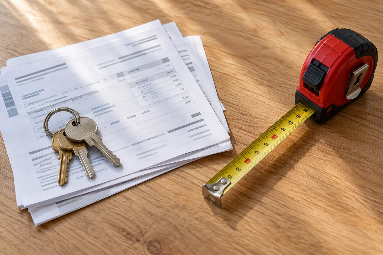House keys, utility bills and a tape measure on a table.