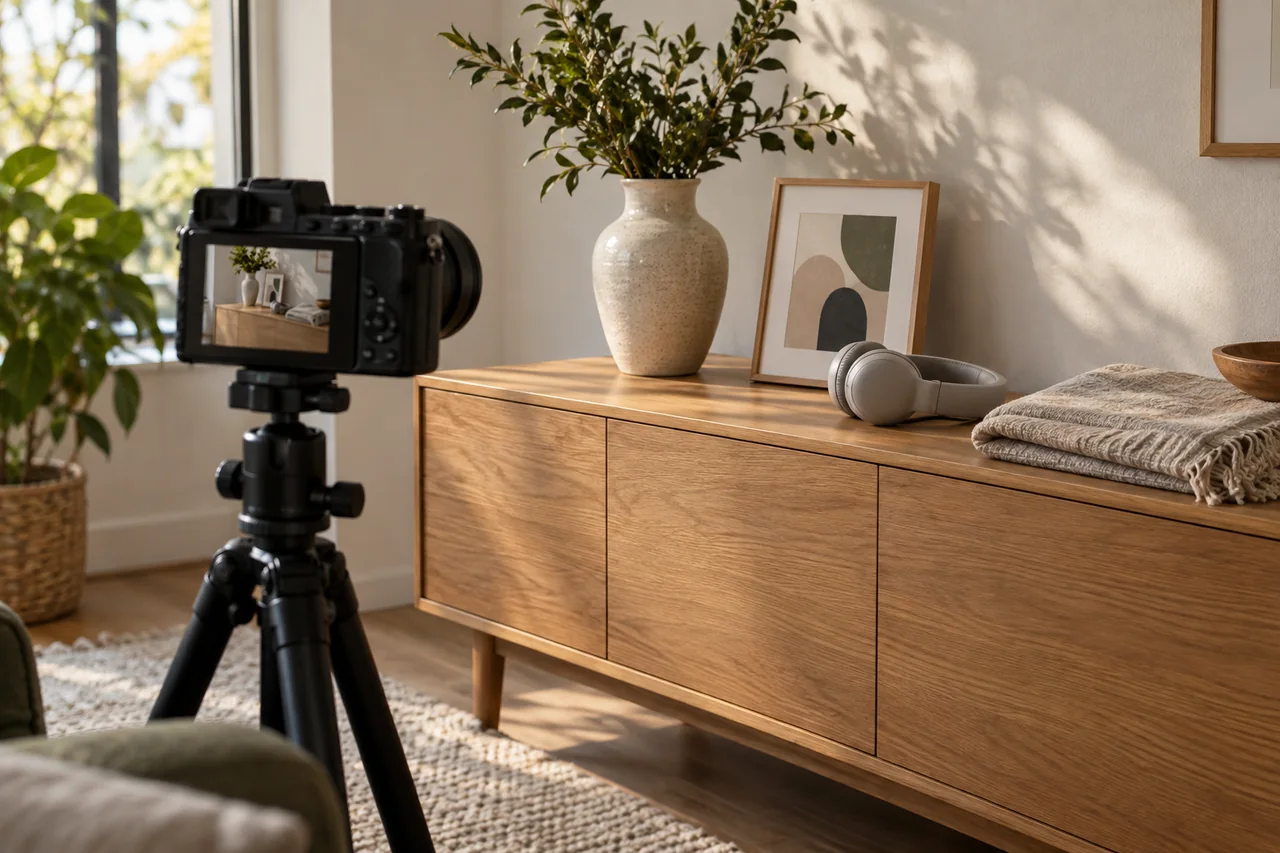 A camera aimed at household belongings arranged on an oak sideboard.