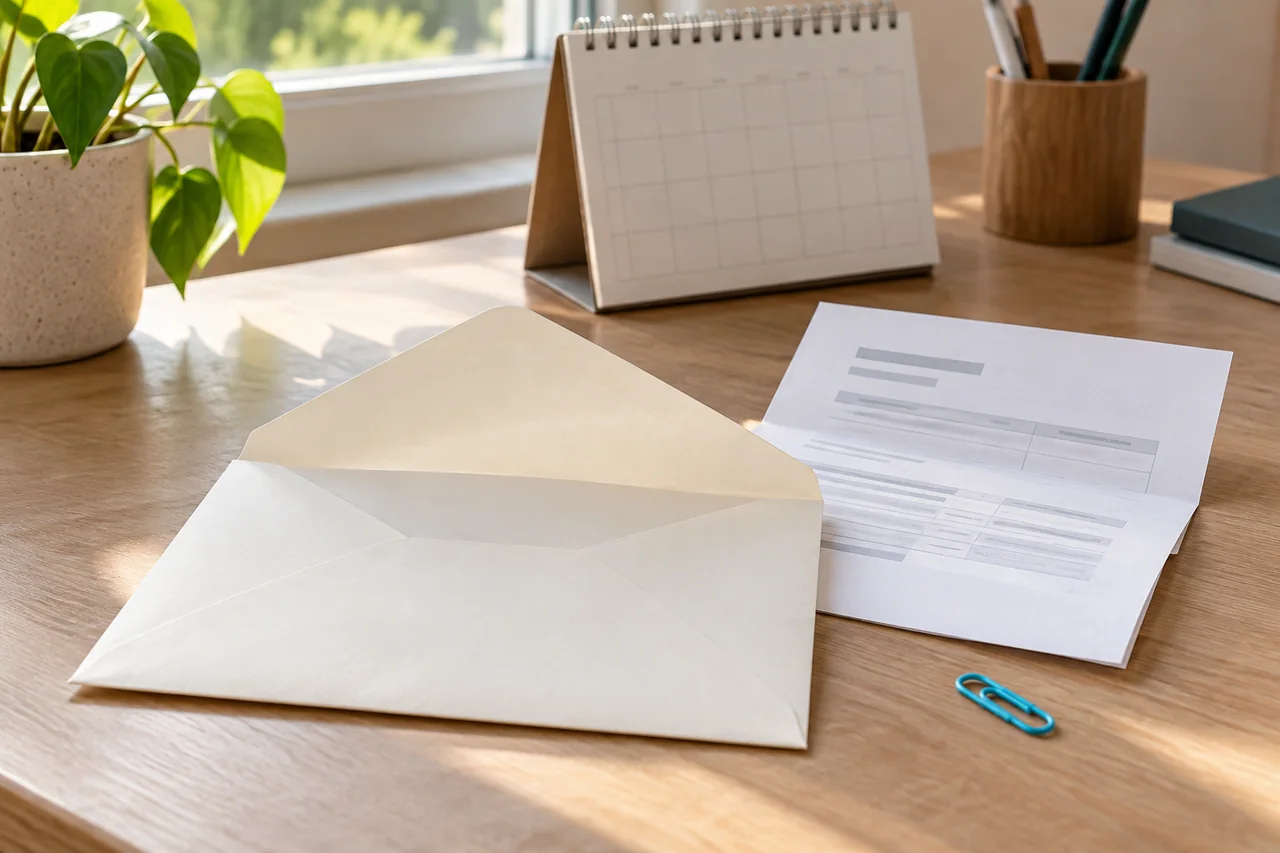 A renewal envelope and policy sheet beside a desk calendar.