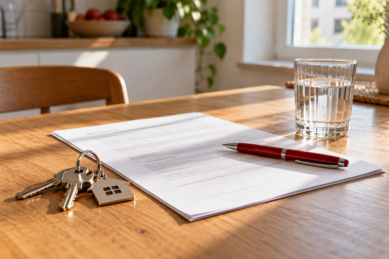 A rental contract with apartment keys and a red pen on a kitchen table.