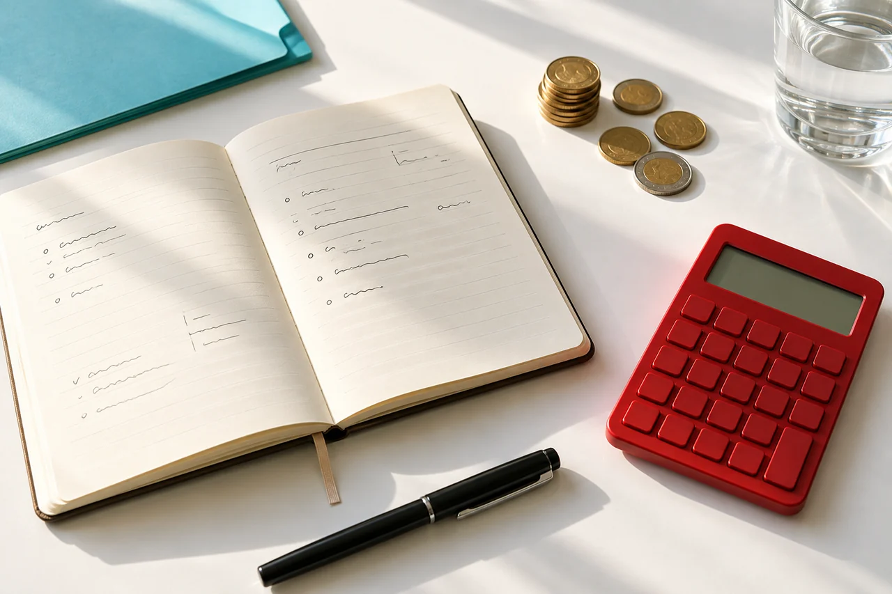 An open notebook, coins, a red calculator, and a pen on a bright desk