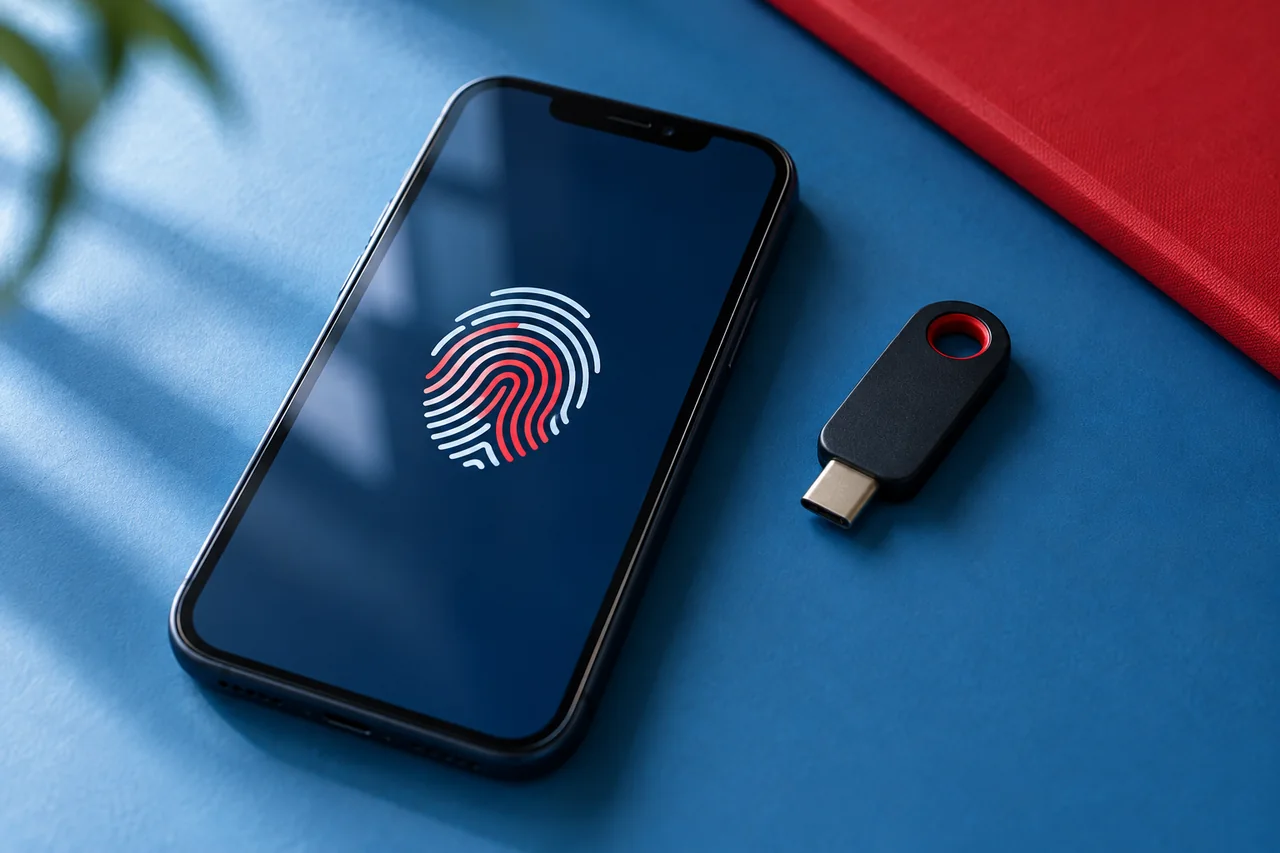 A smartphone with a fingerprint symbol beside a physical security key.