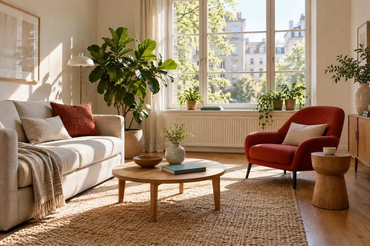 A sunlit apartment with oak furniture, green plants, and a red chair