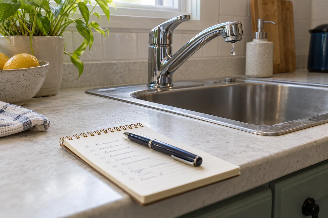 A dripping kitchen faucet with repair notes on the counter.
