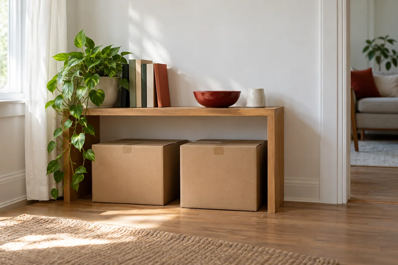 An apartment shelf with belongings and moving boxes below.