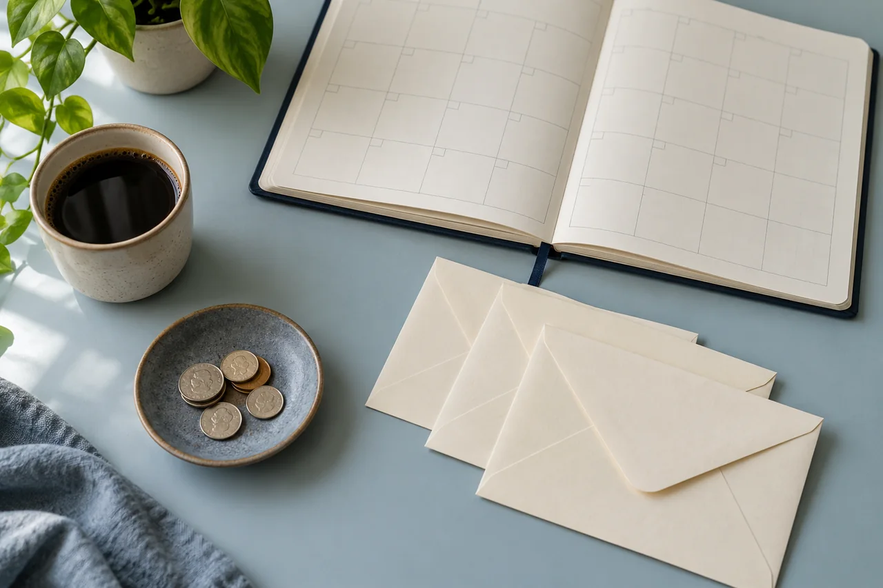 An annual planner, plain envelopes and coins arranged on a desk.