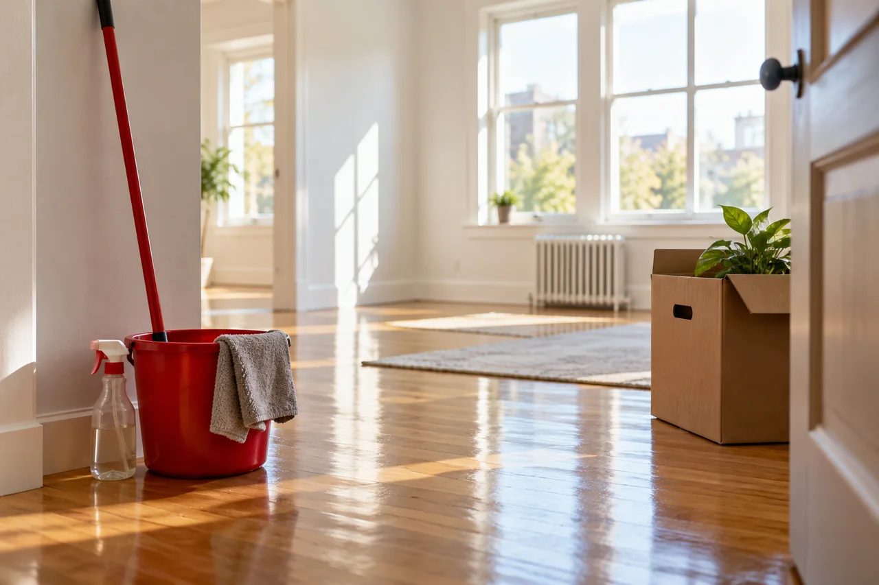 An empty apartment with cleaning supplies and a moving box.