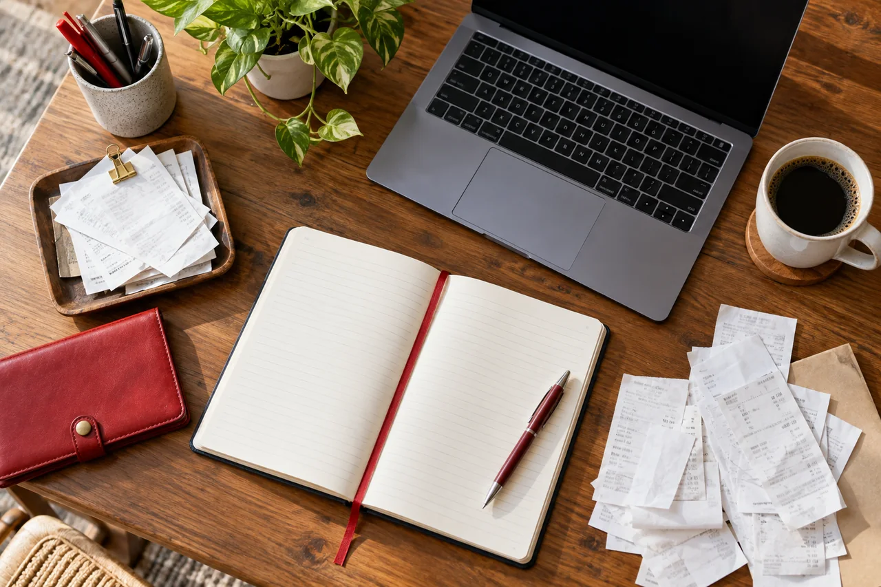 A freelancer’s laptop, notebook, receipts and coffee on a desk.