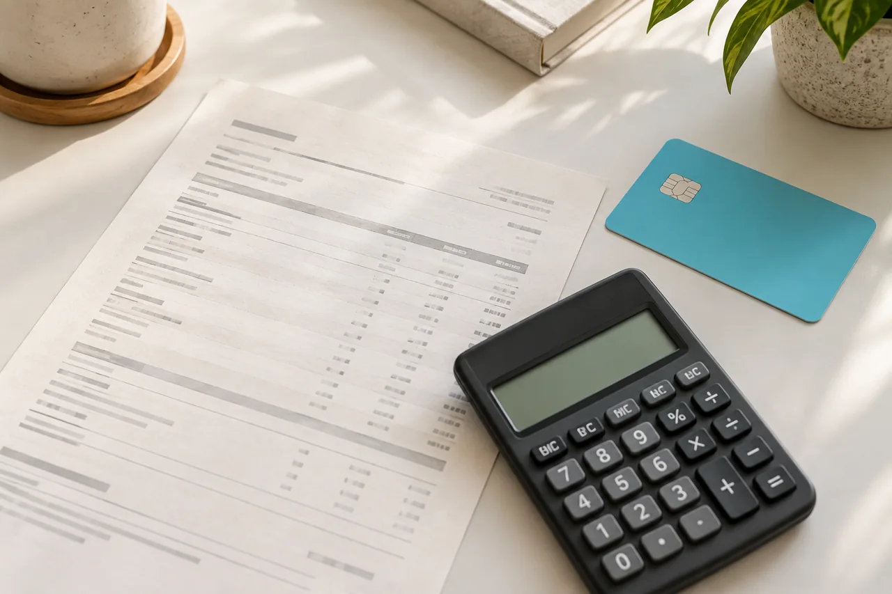 A credit card statement beside a calculator and a plain payment card.
