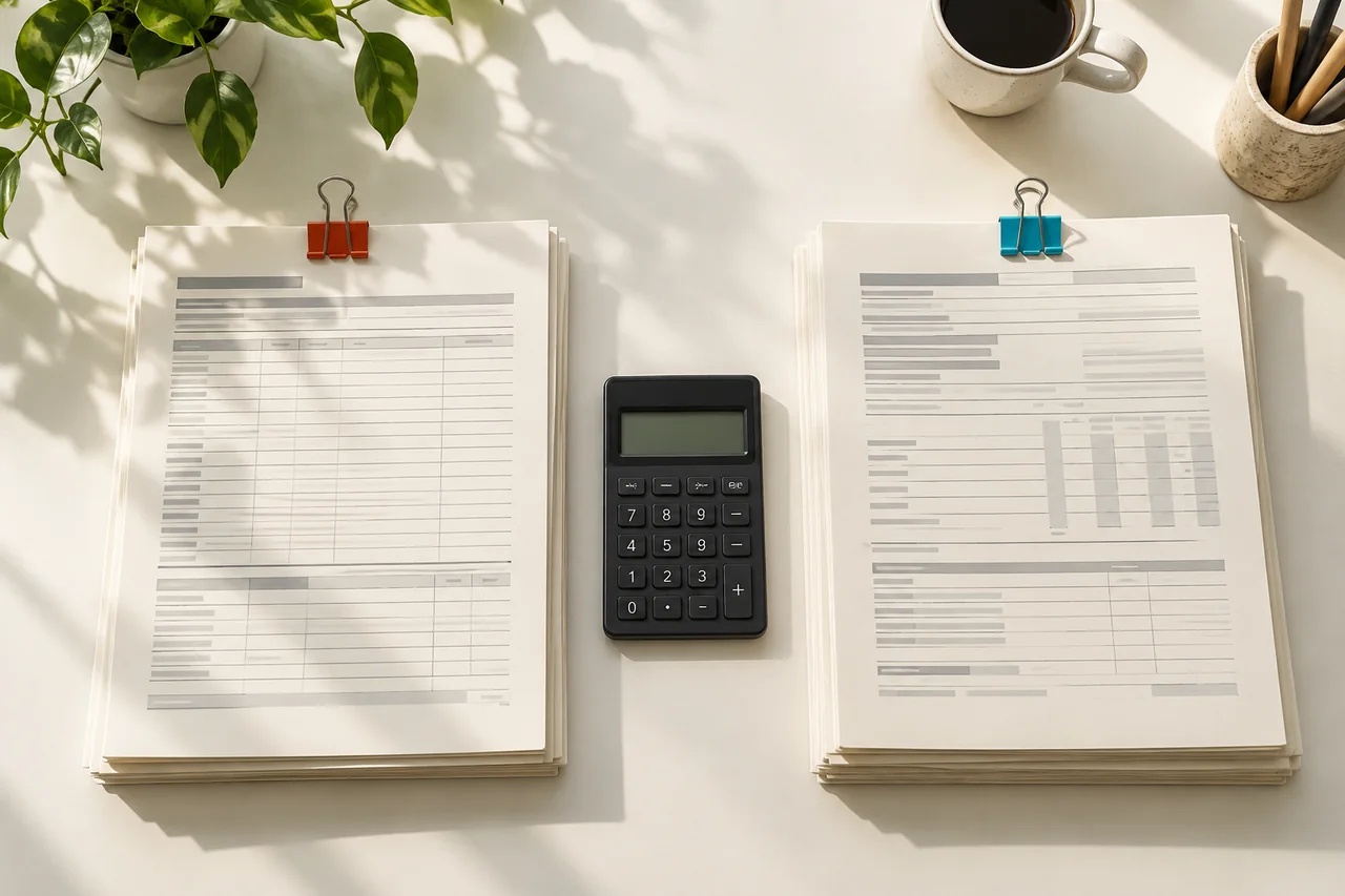 A calculator between two stacks of tax papers with colored clips.