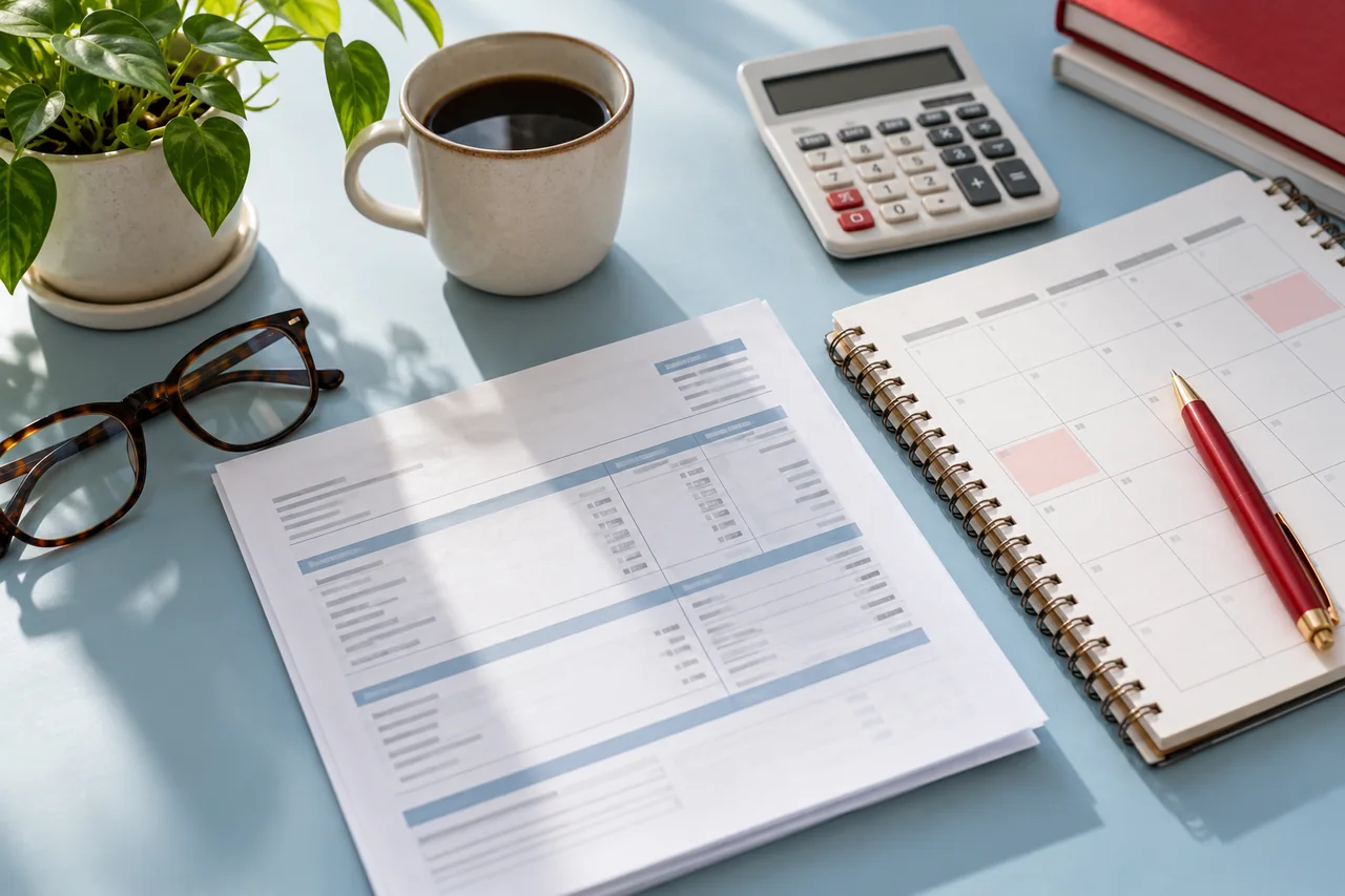 A pay stub and quarterly planner beside a calculator.