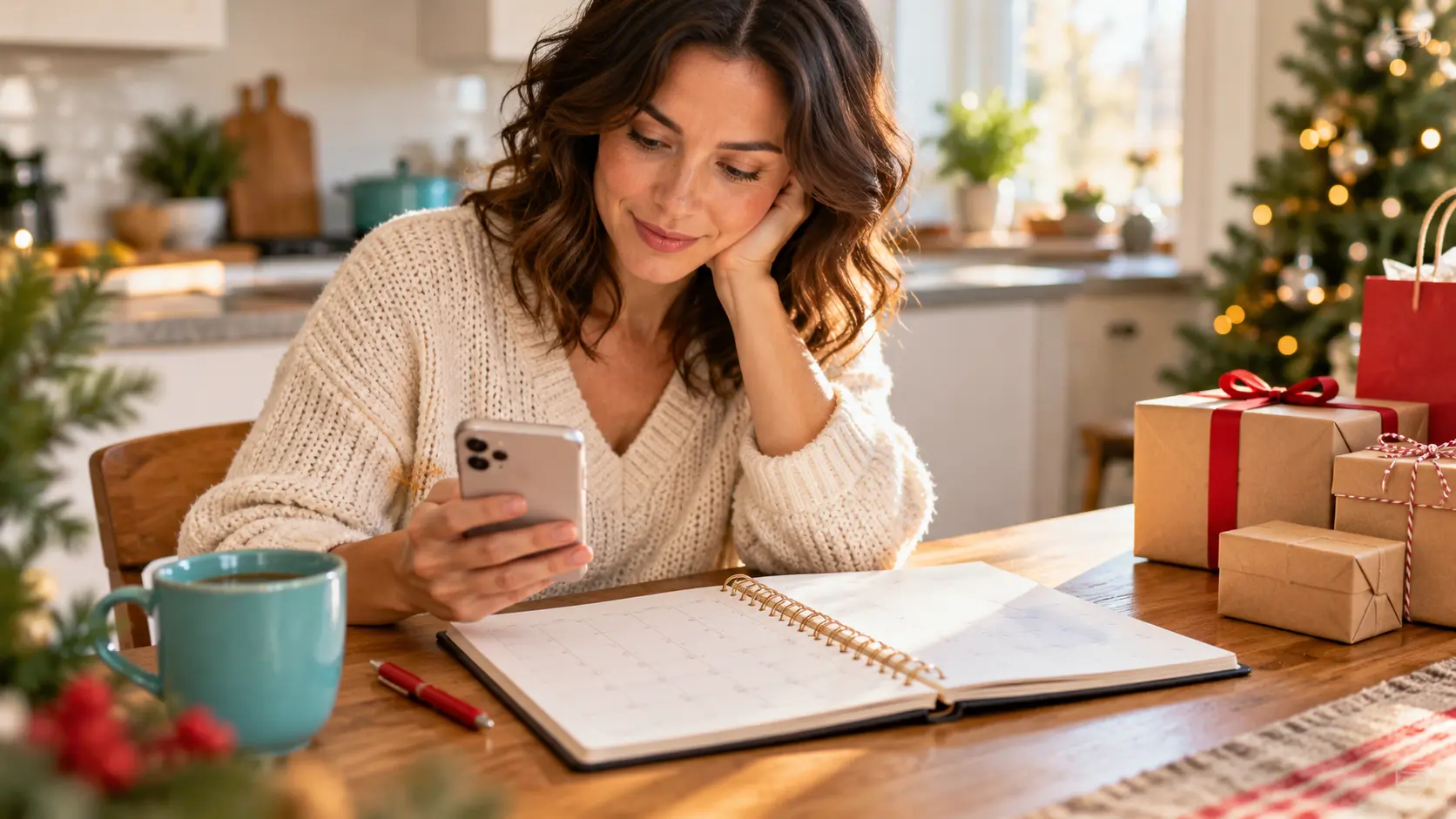 Woman comparing a phone with a paper planner beside shopping parcels