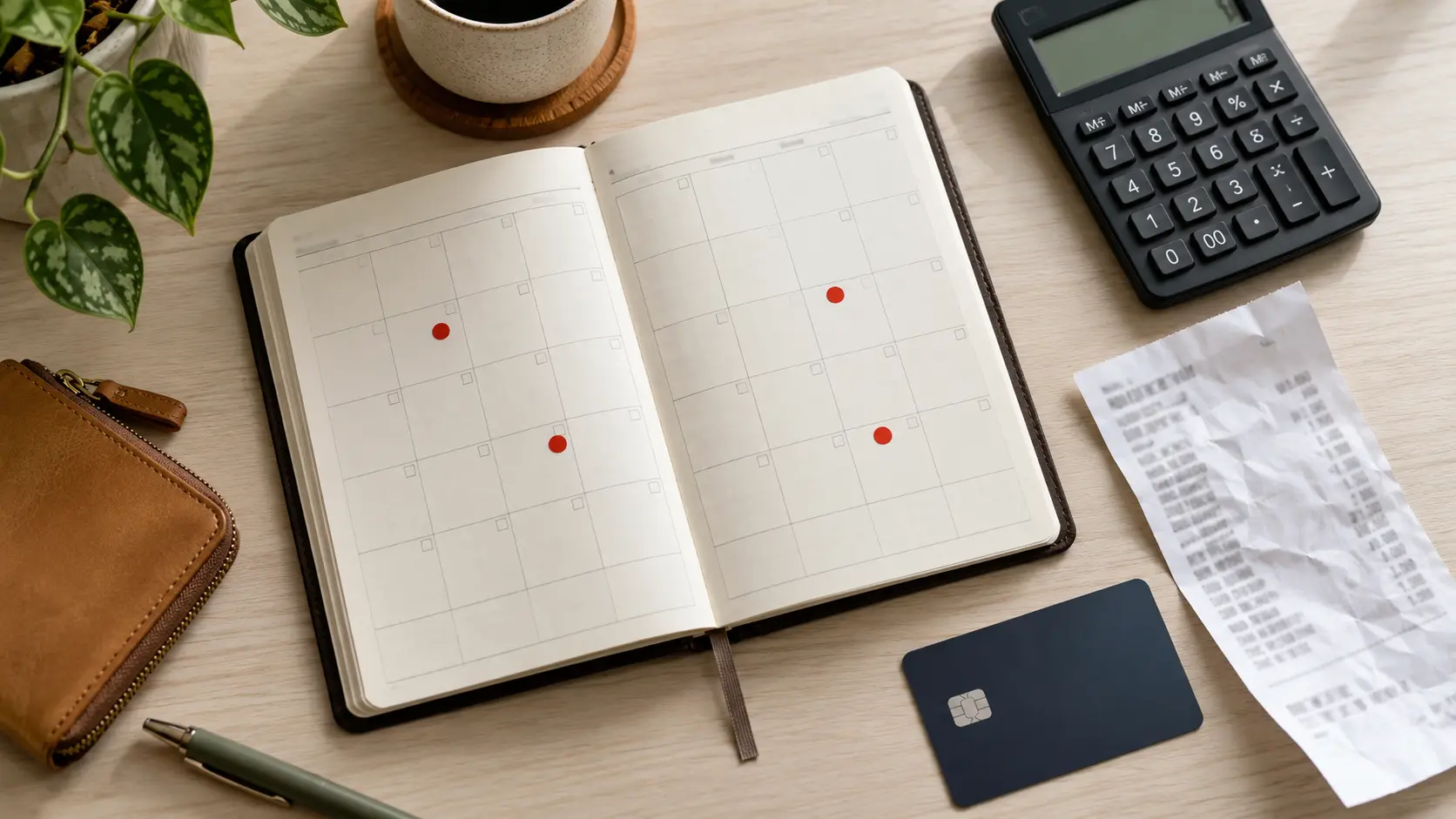 Planner, calculator and payment card arranged to review installment dates