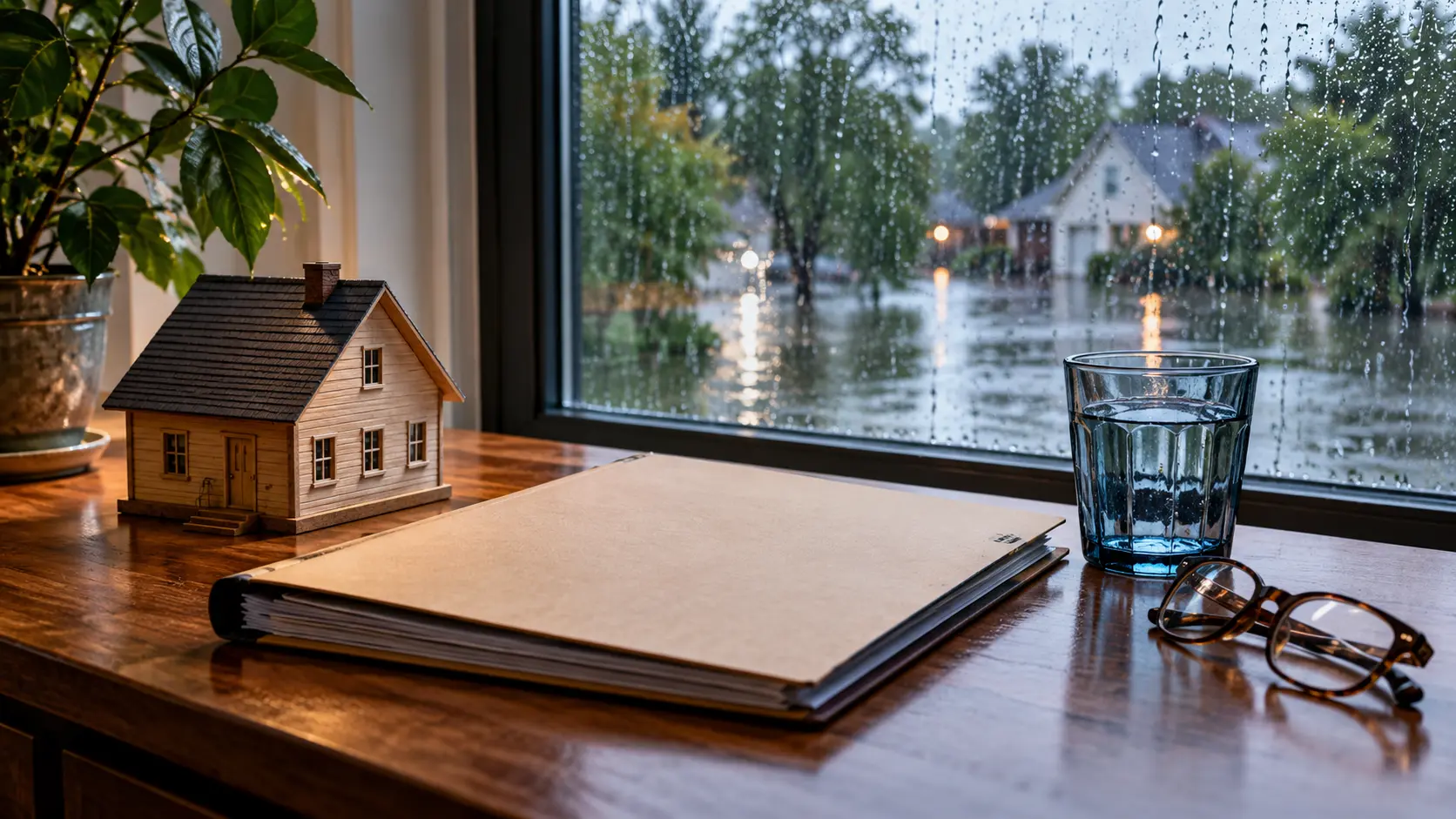 House model and insurance folder beside a rain-streaked window