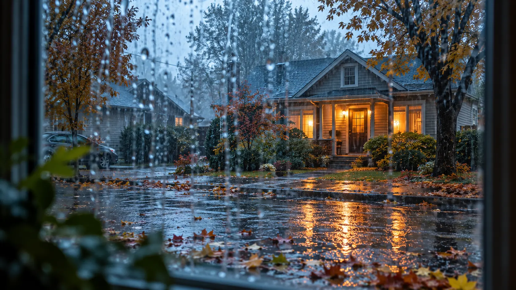 Suburban house seen through a rain-covered window with water pooling outside