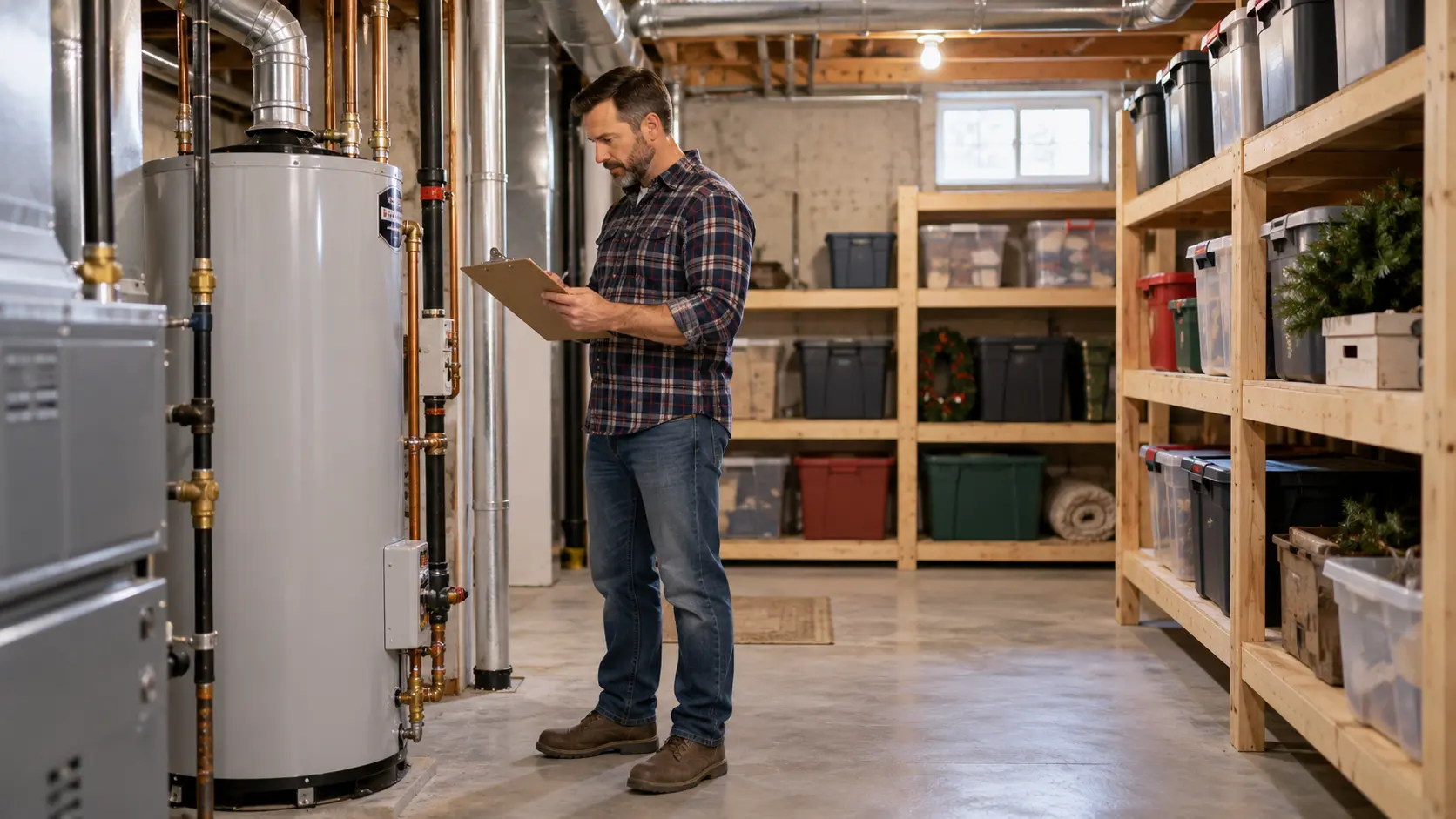Homeowner reviewing a dry basement utility room and raised storage shelves